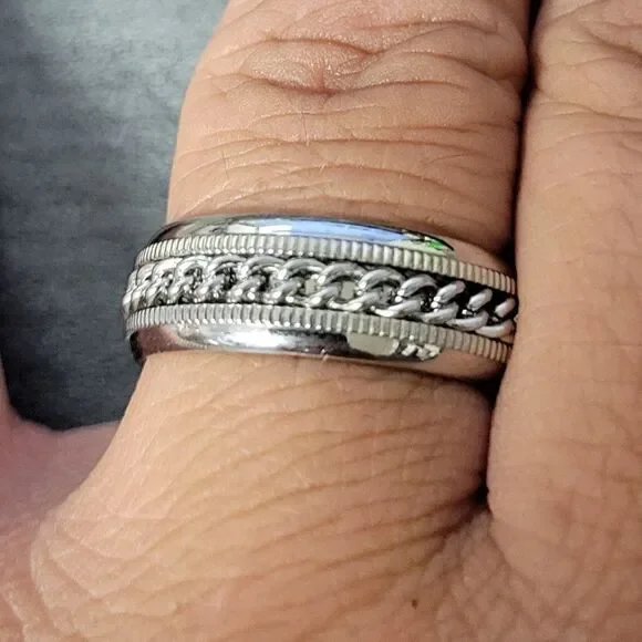 Men's Silver Chain Spinner Promise Ring Band - Anxiety Fidget Ring - Picture 2 of 8
